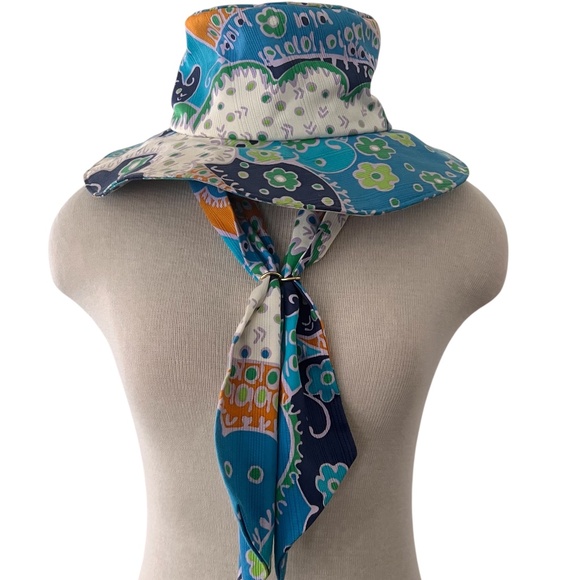 Vintage IMPERIAL bucket hat with matching tie blue orange white floral Small - Picture 1 of 11